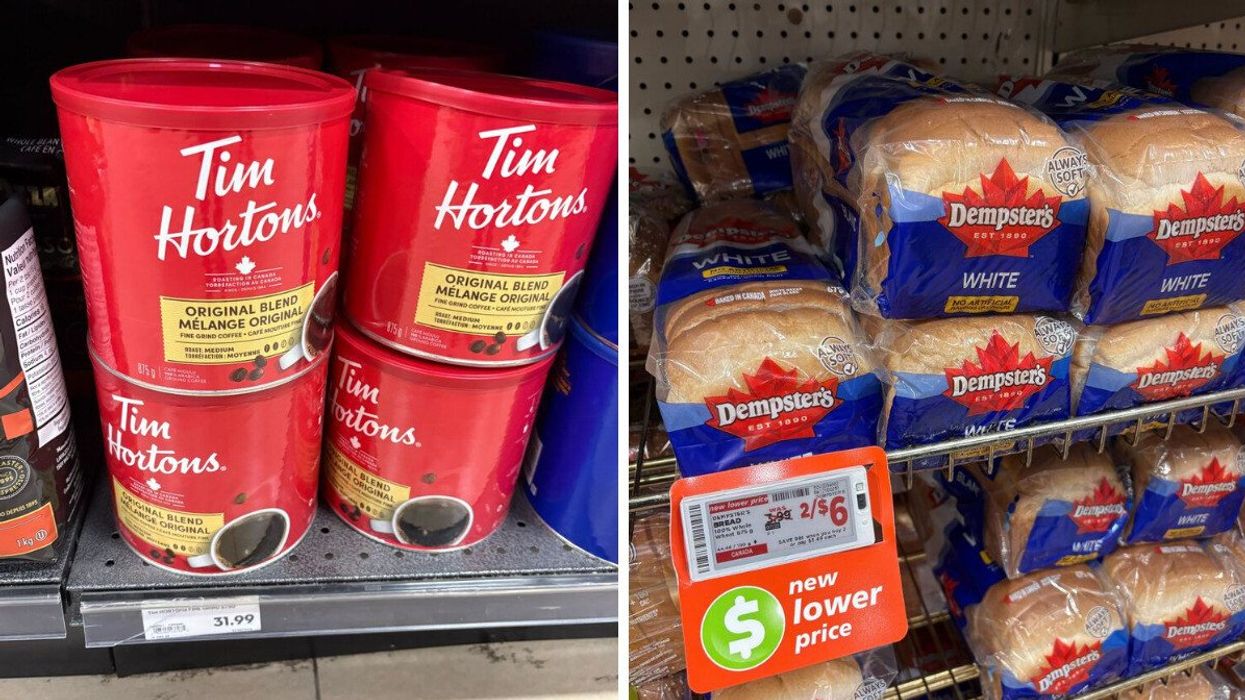 canisters of tim hortons coffee at longo's. right: loaves of dempster's bread at metro