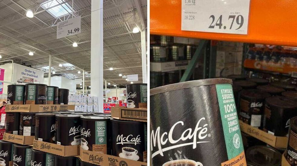 canisters of \u200bMcCafe ground coffee at Costco. Right: \u200bcanisters of McCafe ground coffee at Costco in 2023.