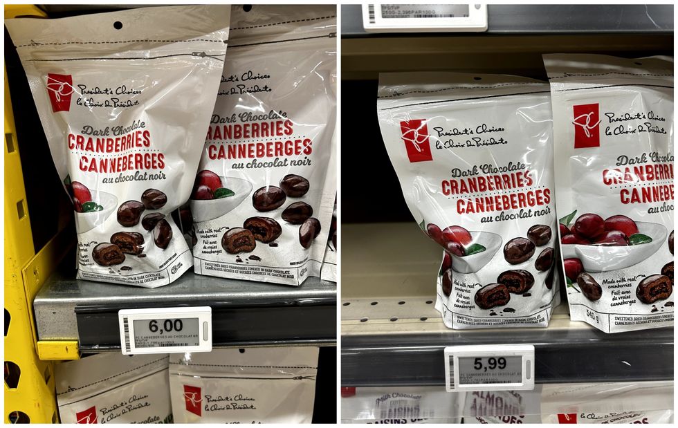 Canneberges au chocolat noir le Choix du Pr\u00e9sident en vente chez Maxi. Droite : Canneberges au chocolat noir le Choix du Pr\u00e9sident en vente chez Provigo.