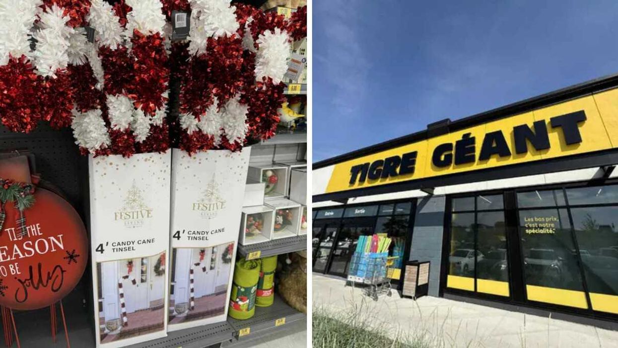 Cannes de bonbon décoratives en vente au Tigre Géant. Droite : Façade du magasin Tigre Géant.