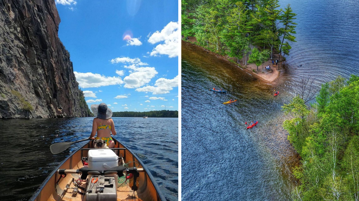 Canoeing past Mazinaw Rock's Indigenous drawings. Right: Canoe route in Bon Echo park.