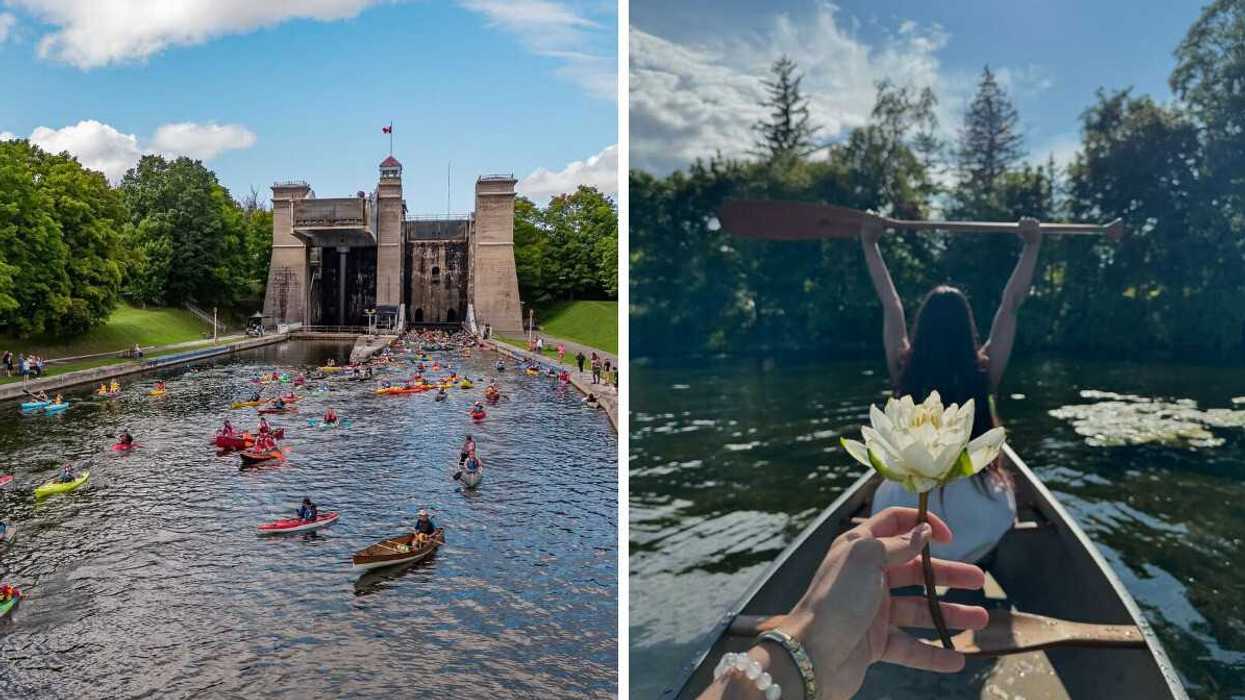 Canoes by a lift lock. RIght: A person holding a flower in a canoe.