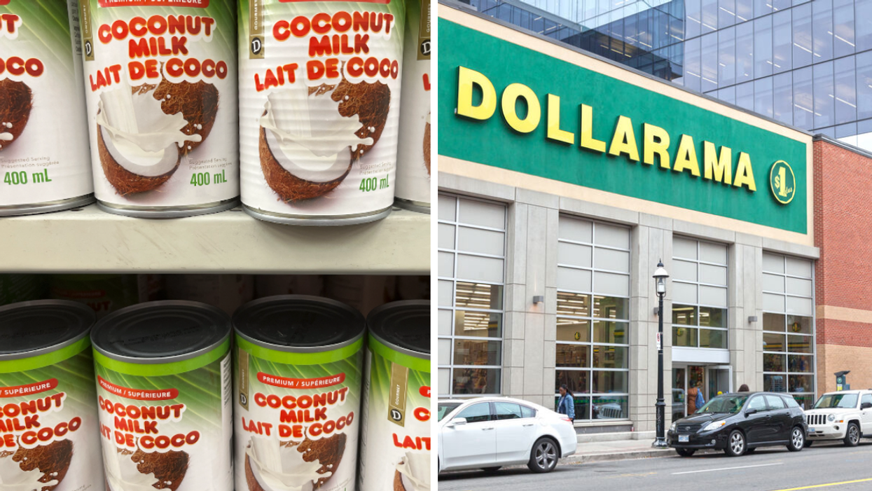 Cans of coconut milk on a shelf. Right: A Dollarama storefront.