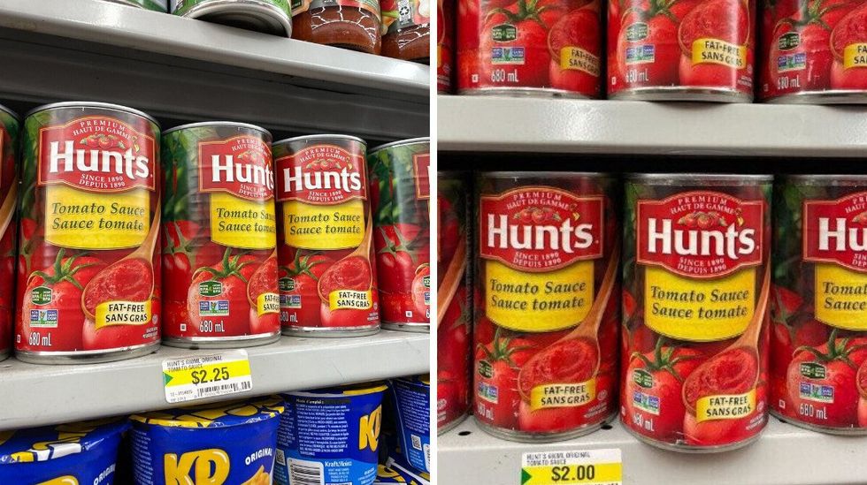 cans of hunt's tomato sauce at dollarama in 2025. right: cans of hunt's tomato sauce at dollarama in 2023