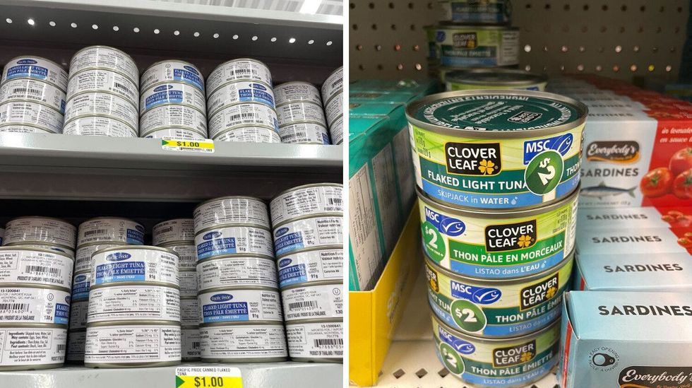 cans of tuna on shelves at dollarama. right: cans of tuna on a shelf at dollar tree