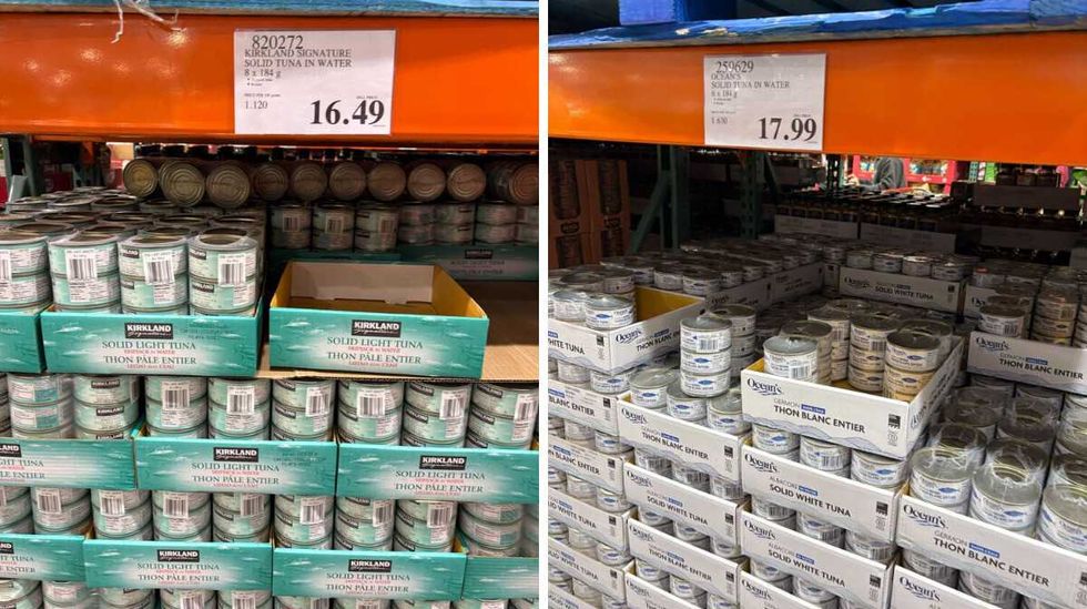 cans of \u200bKirkland Signature tuna. Right: cans of Ocean's tuna at Costco.