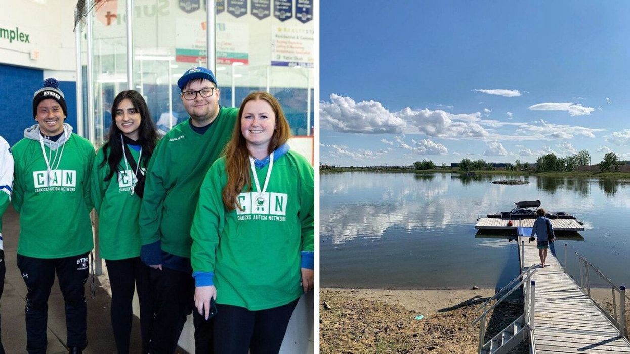 Canucks Autism Network workers. Right: Person walking on a dock at the Saskatoon Waterski Club.