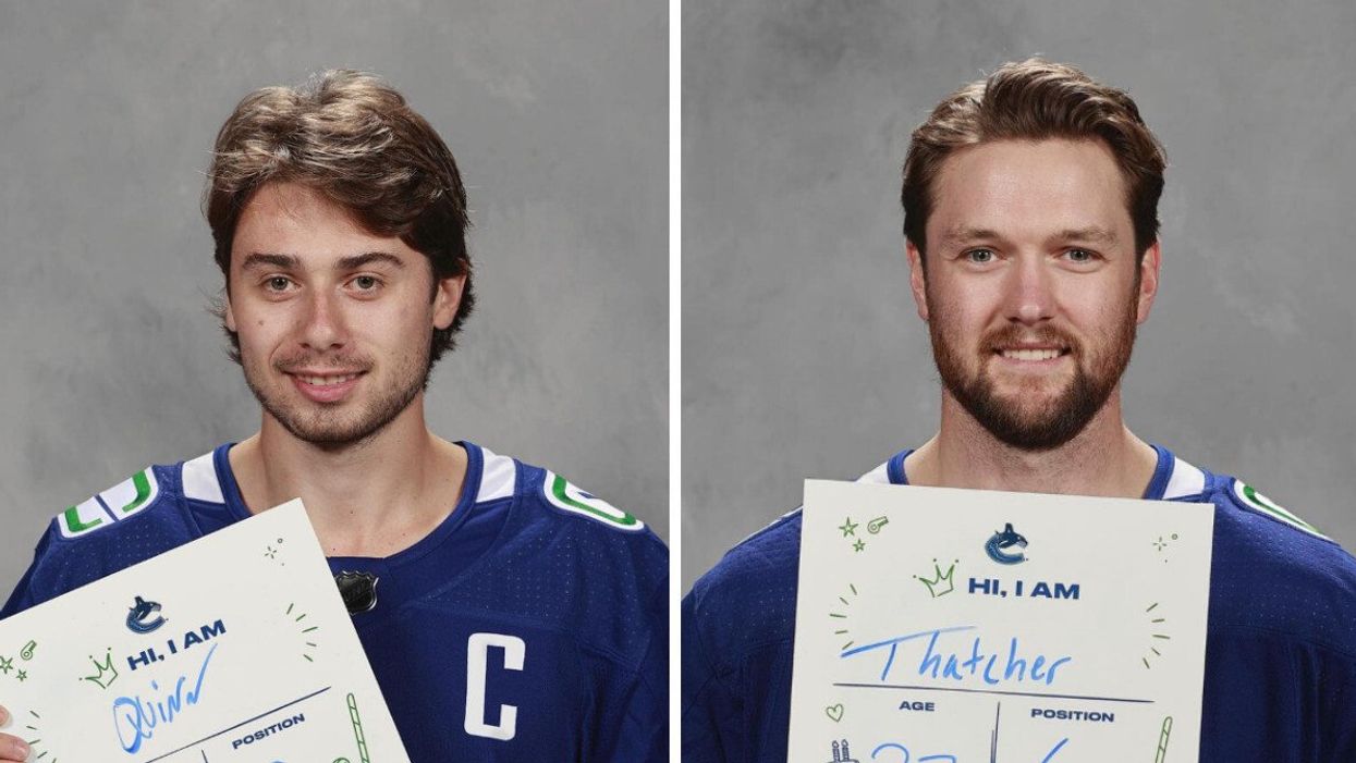 Canucks Captain Quinn Hughes. Right: Canucks goalie Thatcher Demko.