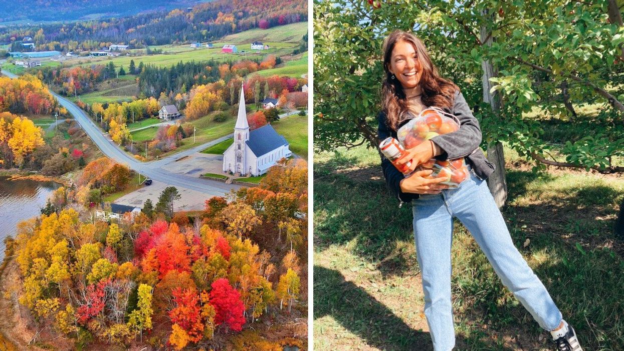 Cape Breton Island in the fall. Right: Person apple picking in New Brunswick.