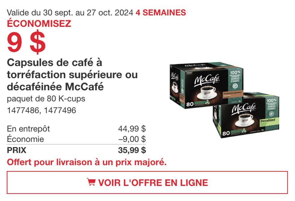Capsules de caf\u00e9 \u00e0 torr\u00e9faction sup\u00e9rieure ou d\u00e9caf\u00e9in\u00e9e McCaf\u00e9 en rabais au Costco.