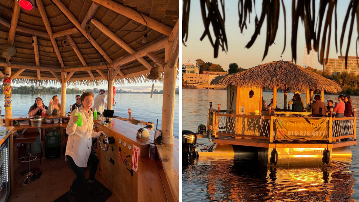 Captain of Ottawa Palapa Tours driving boat on the water during sunset.