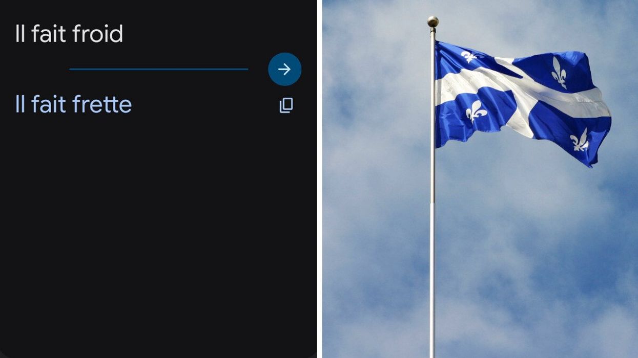 Capture d'écran de « Il fait froid » qui devient « Il fait frette » sur Google Traduction. Droite : un drapeau du Québec.
