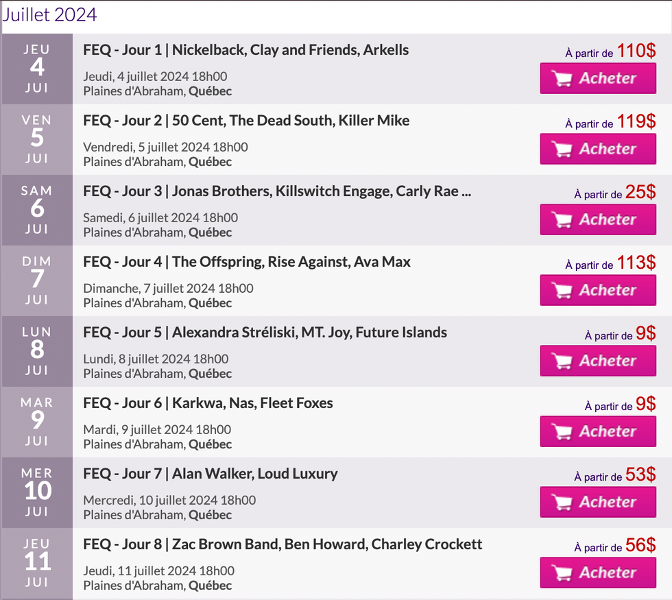 Capture d'\u00e9cran d'acc\u00e8s au FEQ revendus sur le site Web 514-billets.com.