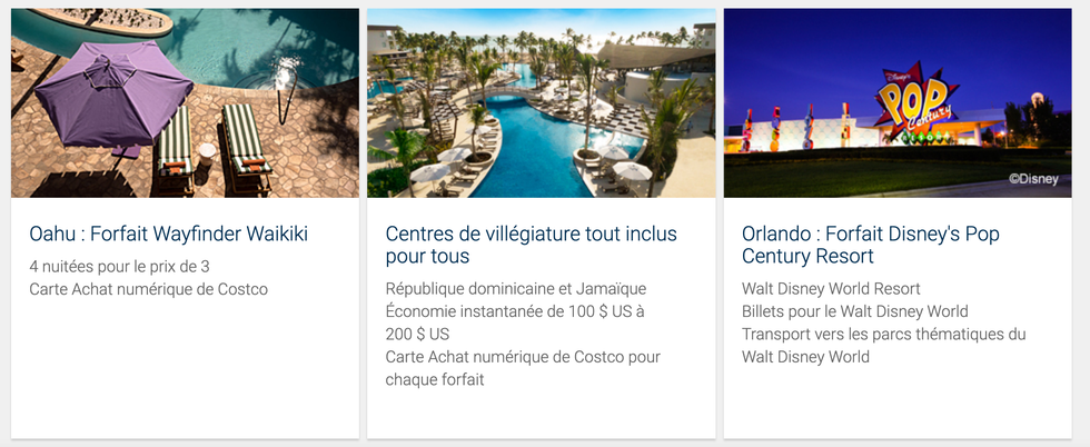 Capture d'\u00e9cran d'aubaines Costco sur les voyages.