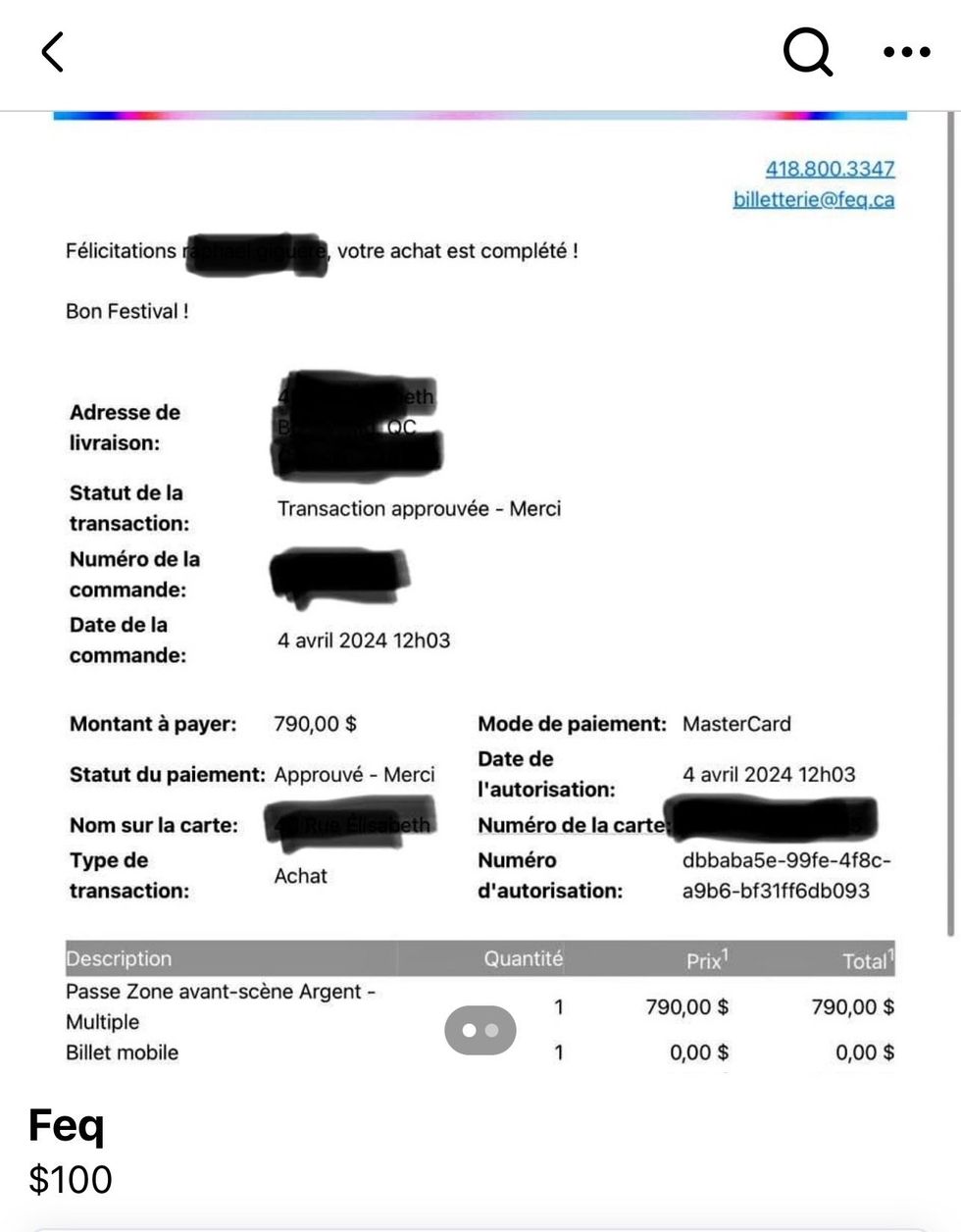 Capture d'\u00e9cran d'un billet du FEQ revendu sur Facebook Marketplace.