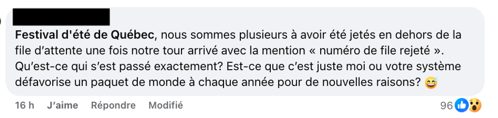 Capture d'\u00e9cran d'un commentaire sur la page Facebook du Festival d'\u00e9t\u00e9 de Qu\u00e9bec. 