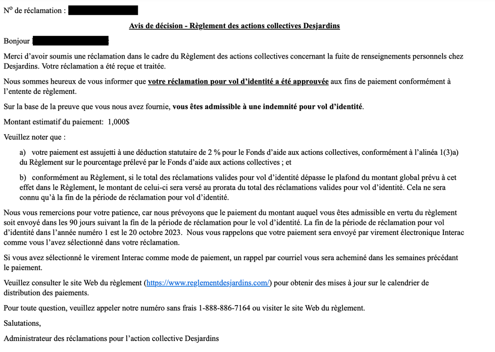 Capture d'\u00e9cran d'un courriel de confirmation incluant de nombreux d\u00e9tails envoy\u00e9 par Desjardins.