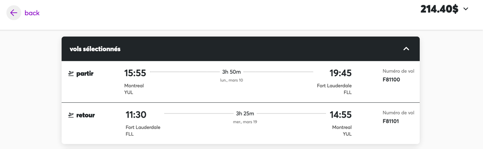 Capture d'\u00e9cran d'un itin\u00e9raire sur le site de Flair Airlines.