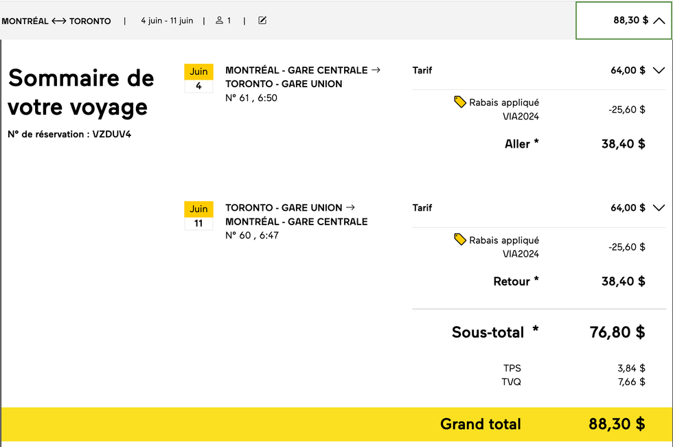 Capture d'\u00e9cran d'un trajet \u00e0 bas prix pendant le Solde d'\u00e9t\u00e9 VIA Rail.