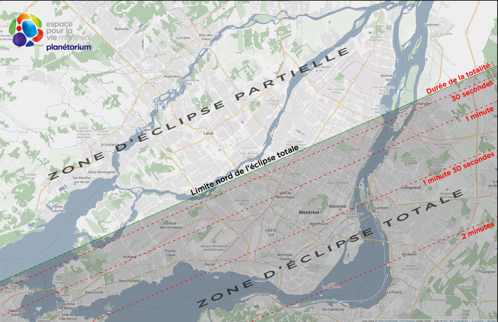 Capture d'\u00e9cran d'une carte g\u00e9ographique de la grande r\u00e9gion de Montr\u00e9al avec les dur\u00e9es de l'\u00e9clipse solaire totale du 8 avril 2024.