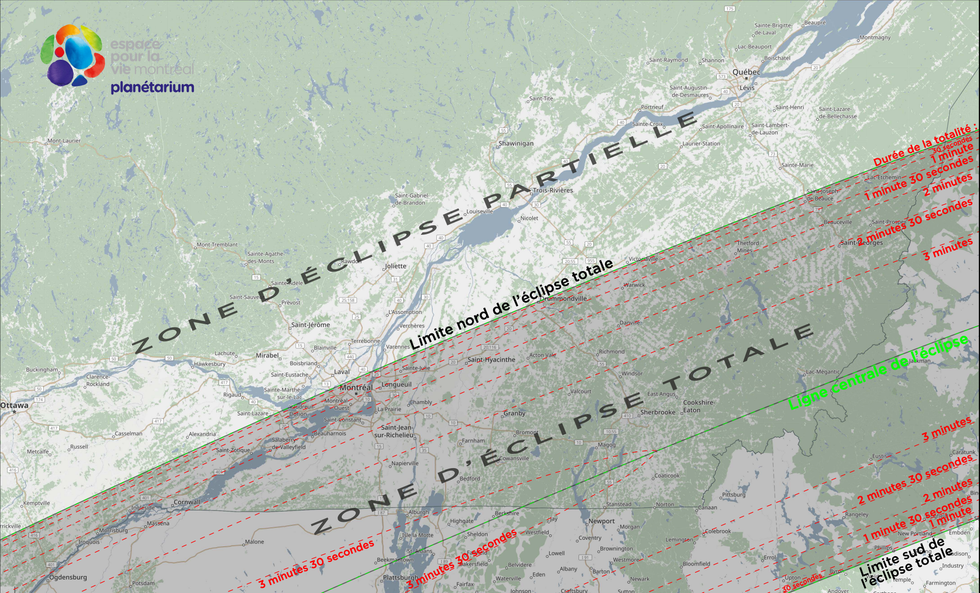 Capture d'\u00e9cran d'une carte g\u00e9ographique de la grande r\u00e9gion de Montr\u00e9al avec les dur\u00e9es de l'\u00e9clipse solaire totale du 8 avril 2024.