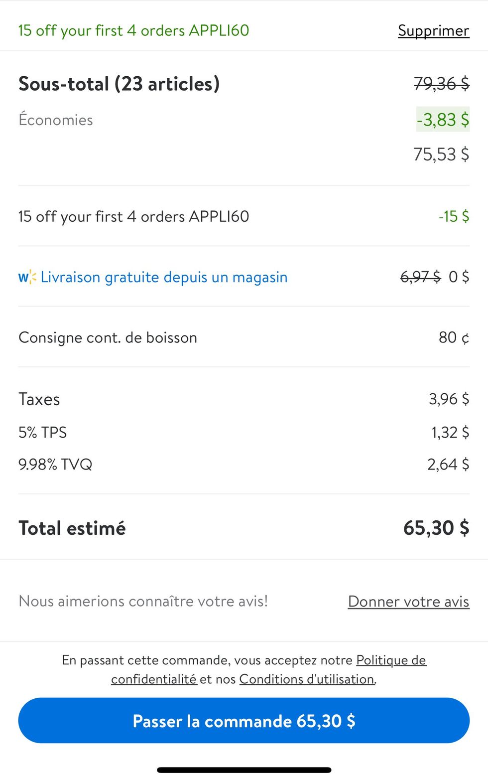Capture d'\u00e9cran d'une commande d'\u00e9picerie sur l'application mobile de Walmart.