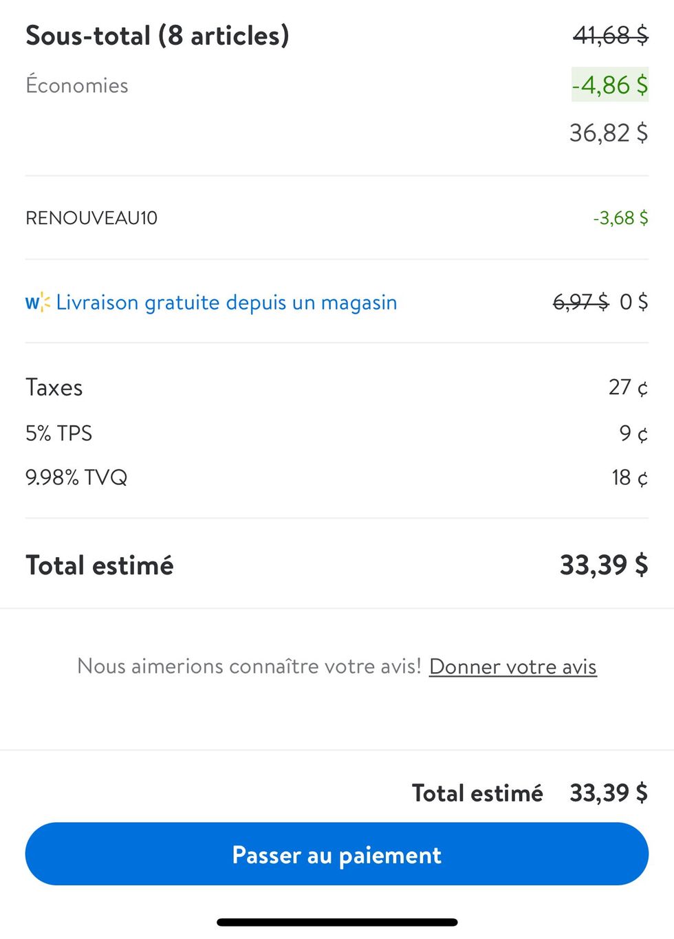 Capture d'\u00e9cran d'une commande d'\u00e9picerie sur l'application mobile de Walmart.