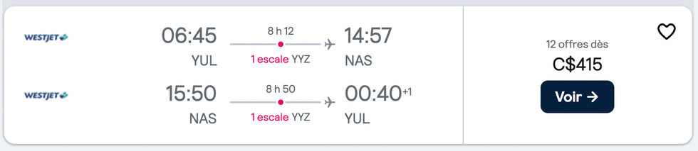 Capture d'\u00e9cran d'une offre de vols aller-retour Montr\u00e9al Bahamas sur Skyscanner.