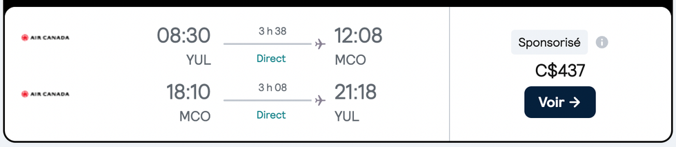 Capture d'\u00e9cran d'une offre de vols Montr\u00e9al-Orlando sur Skyscanner.