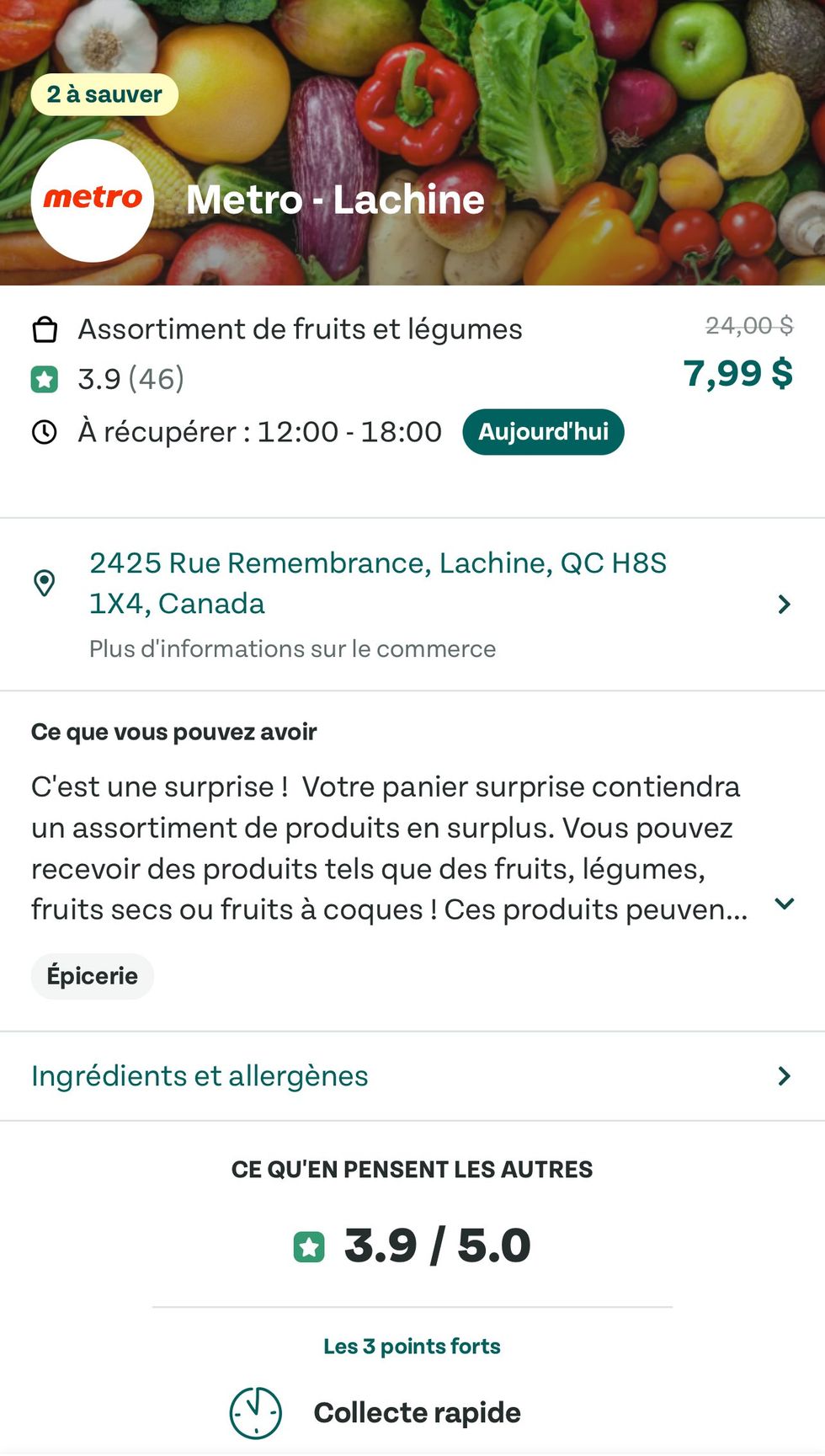 Capture d'\u00e9cran d'une offre pour un assortiment de fruits et l\u00e9gumes chez Metro sur l'application Too Good To Go.