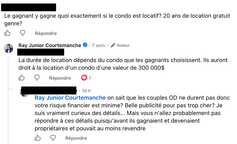 Capture d'\u00e9cran de commentaires de la page Facebook de Ray Junior Courtemanche.