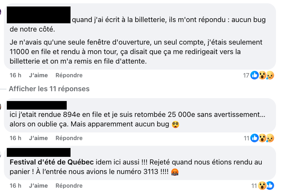 Capture d'\u00e9cran de commentaires sur la page Facebook du Festival d'\u00e9t\u00e9 de Qu\u00e9bec. 