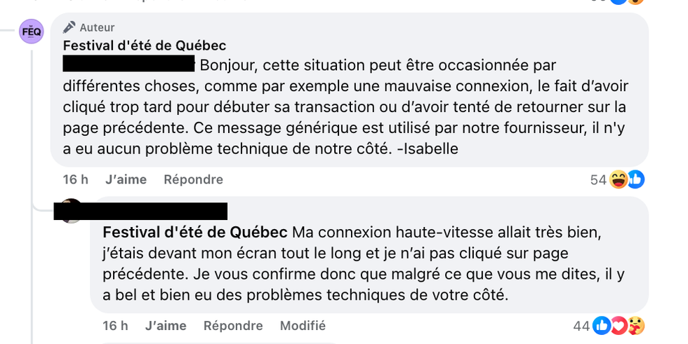 Capture d'\u00e9cran de commentaires sur la page Facebook du Festival d'\u00e9t\u00e9 de Qu\u00e9bec. 