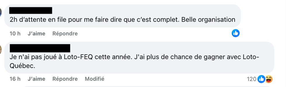 Capture d'\u00e9cran de commentaires sur la page Facebook du Festival d'\u00e9t\u00e9 de Qu\u00e9bec. 