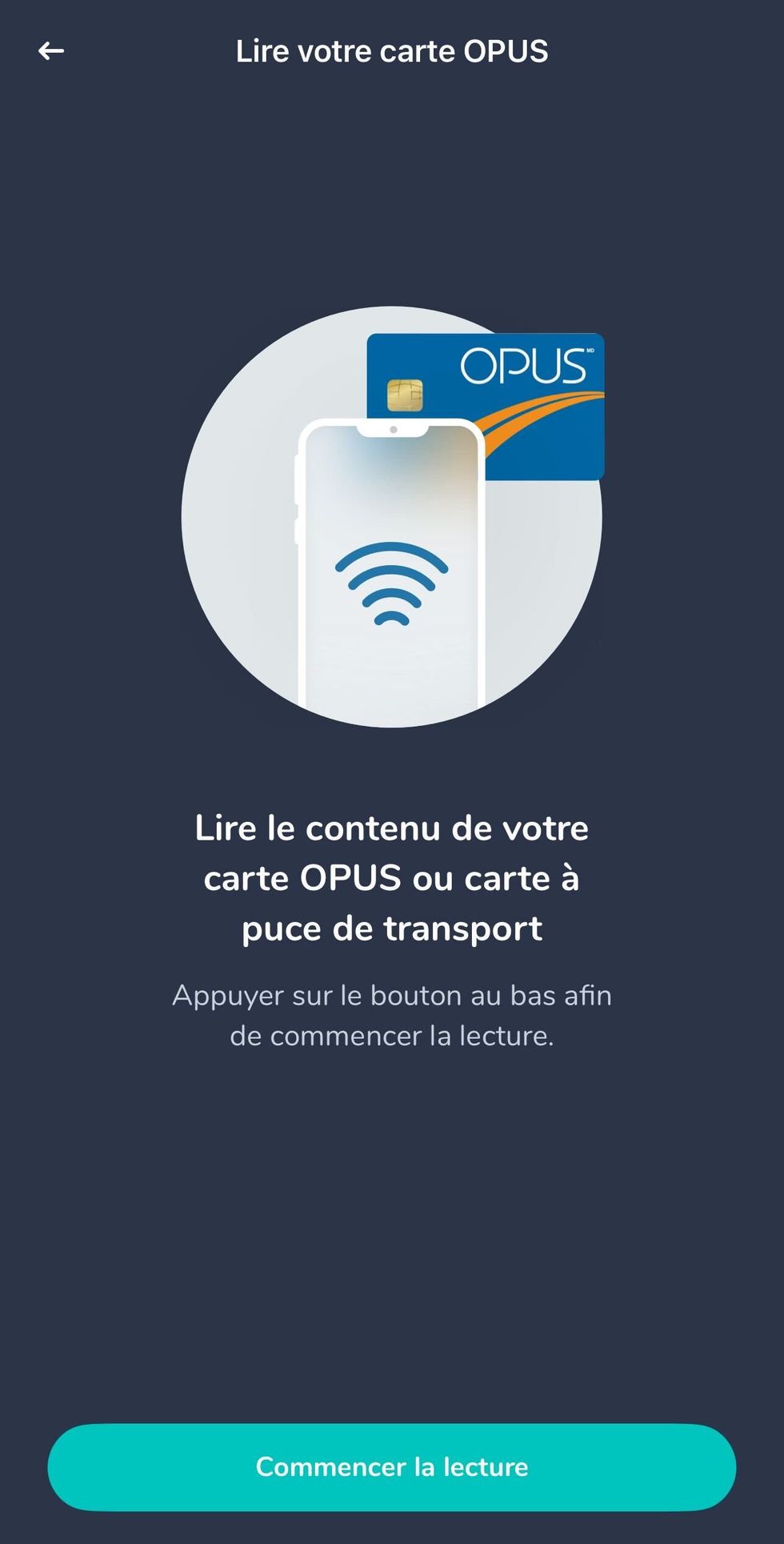 Capture d'\u00e9cran de l'application Chrono qui offre d\u00e9j\u00e0 la possibilit\u00e9 de lier ta carte OPUS en vue du futur rechargement en ligne.