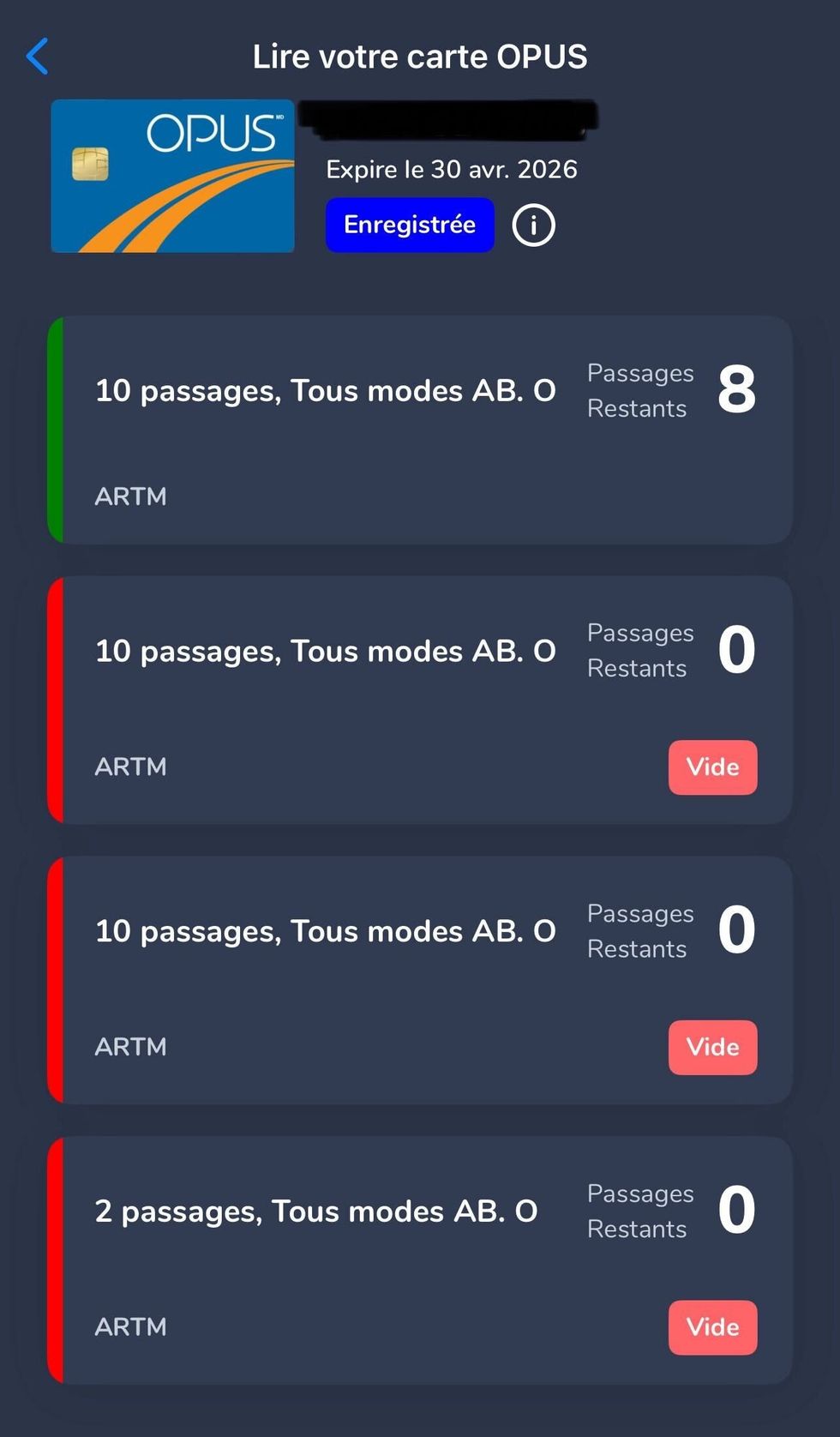 Capture d'\u00e9cran de l'application Chrono qui permet de voir les informations associ\u00e9es \u00e0 ta carte OPUS, y compris tes acc\u00e8s restants.