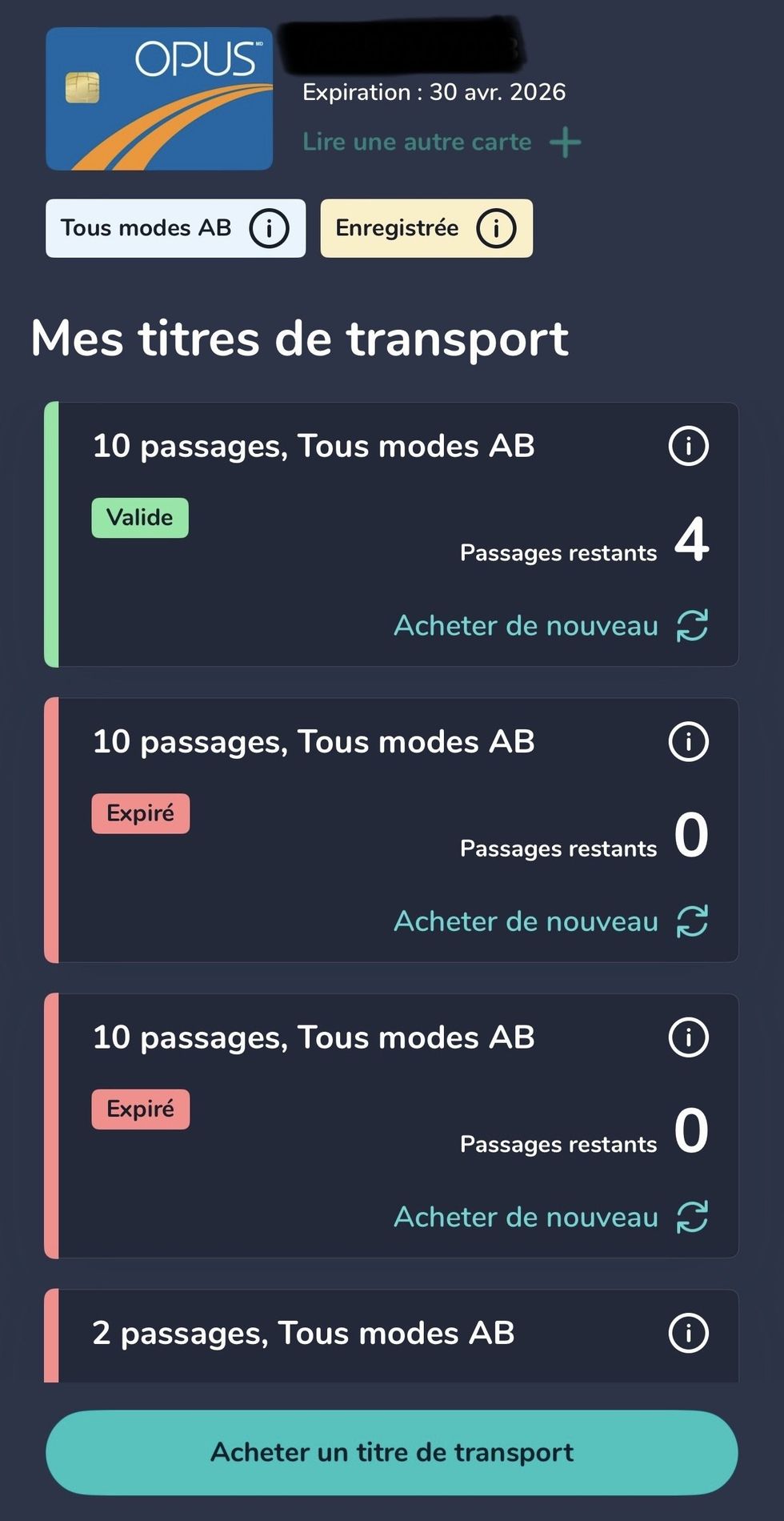 Capture d'\u00e9cran de l'application Chrono qui permet de voir les infos de ta carte OPUS et de la recharger.