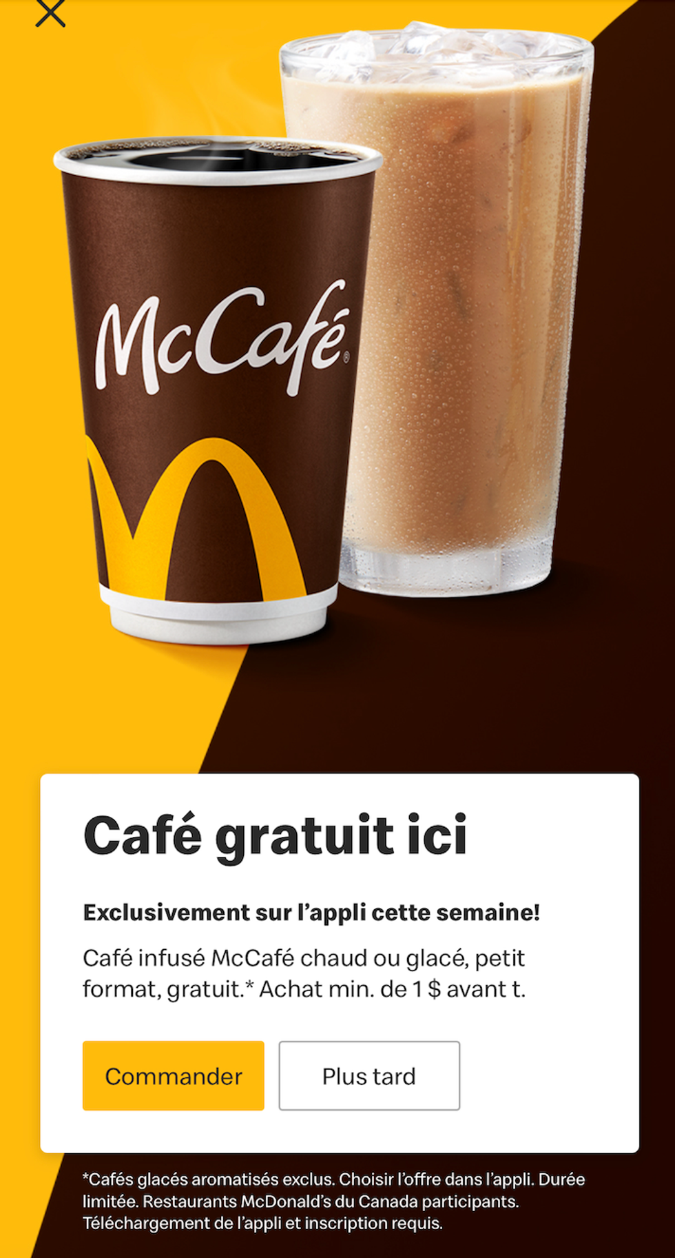 Capture d'\u00e9cran de l'application McDonald's qui montre la promotion caf\u00e9 gratuit.