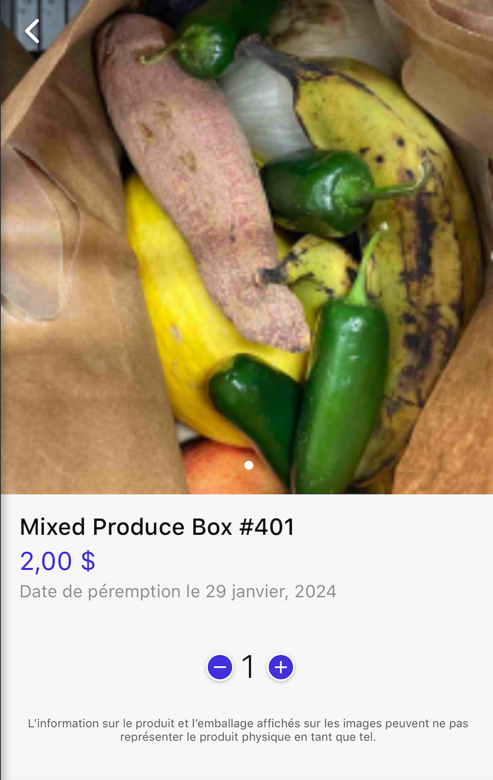 Capture d'\u00e9cran de l'application mobile de FlashFood o\u00f9 on voit partiellement le contenu d'un sac rempli de fruits et l\u00e9gumes.