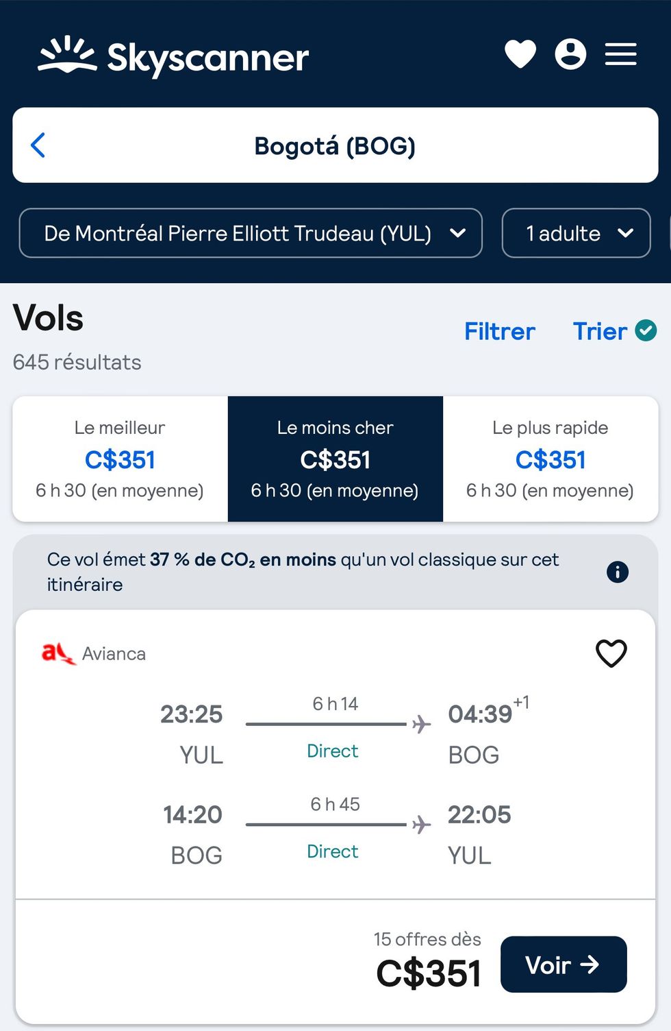 Capture d'\u00e9cran de l'application mobile Skyscanner avec des itin\u00e9raires et des prix pour un vol aller-retour Montr\u00e9al - Bogot\u00e1 avec Avianca..