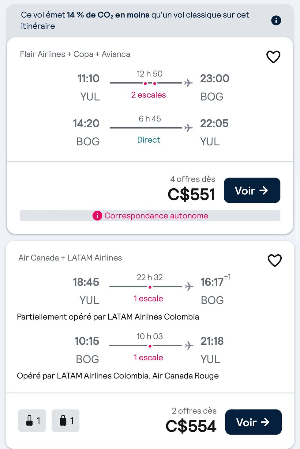 Capture d'\u00e9cran de l'application mobile Skyscanner avec des itin\u00e9raires et des prix pour un vol aller-retour Montr\u00e9al - Bogot\u00e1.