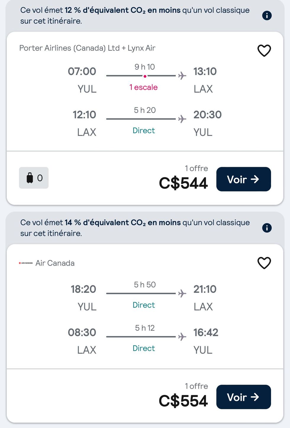 Capture d'\u00e9cran de l'application mobile Skyscanner pour le prix d'un vol aller-retour Montr\u00e9al - Los Angeles.
