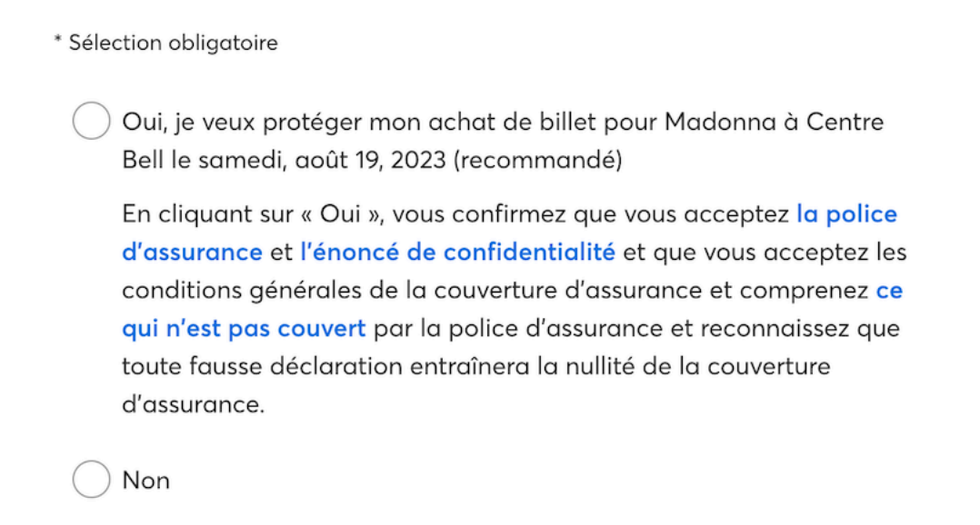 Capture d'\u00e9cran de l'option de la couverture d'assurance sur le site de Ticket Master.