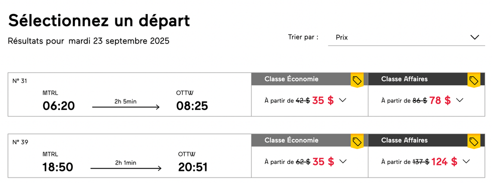 Capture d'\u00e9cran de la grille de prix VIA Rail.