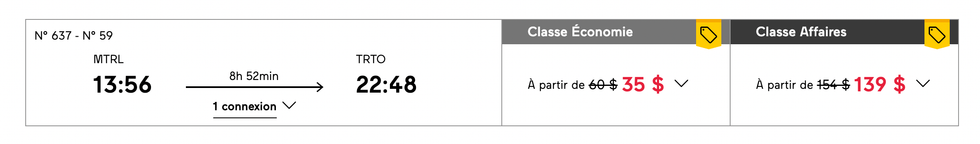 Capture d'\u00e9cran de la grille de prix VIA Rail.
