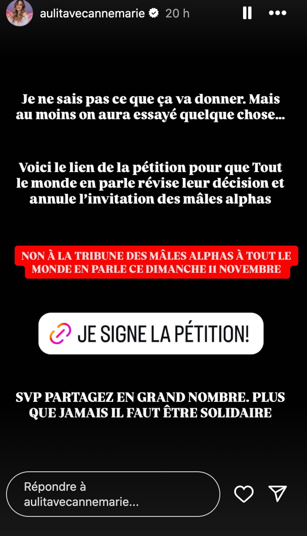 Capture d'\u00e9cran de la story d'Anne-Marie M\u00e9nard.