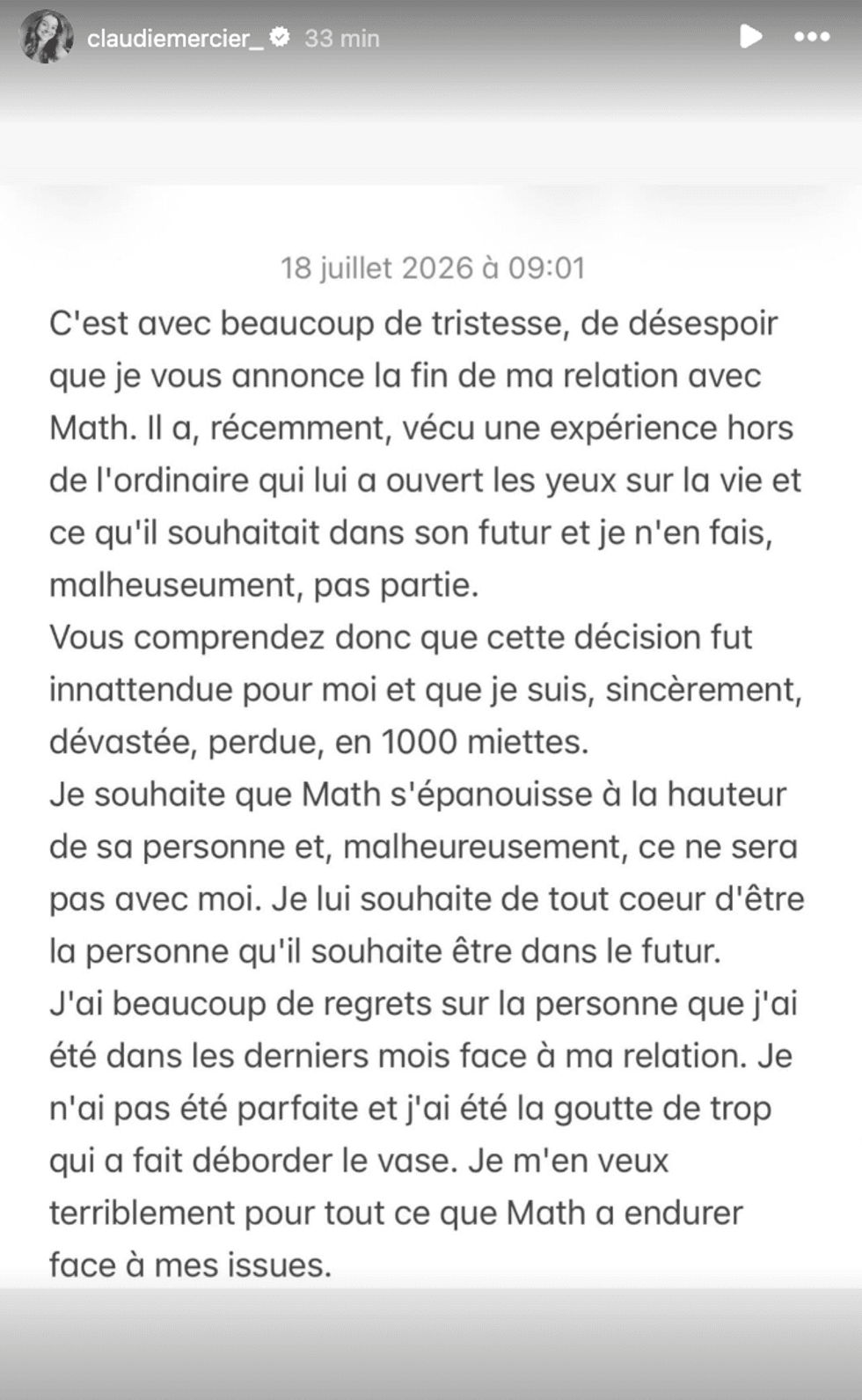Capture d'\u00e9cran de la story de Claudie Mercier qui annonce sa s\u00e9paration avec Mathieu Pellerin.