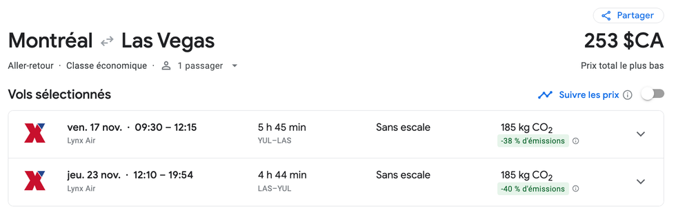 Capture d'\u00e9cran des booking de Google flights.