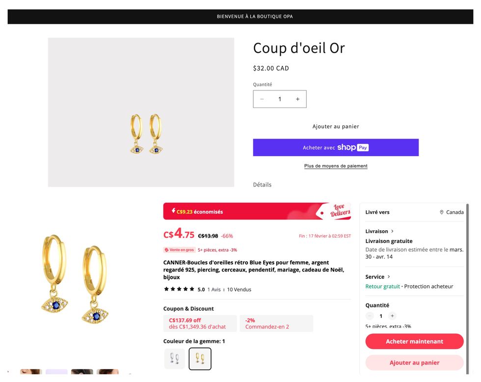 Capture d'\u00e9cran des boucles d'oreilles \u00ab Coup d'oeil \u00bb en vente sur le site de OPA. Bas : Capture d'\u00e9cran des boucles d'oreilles CANNER en vente sur le site d'AliExpress.