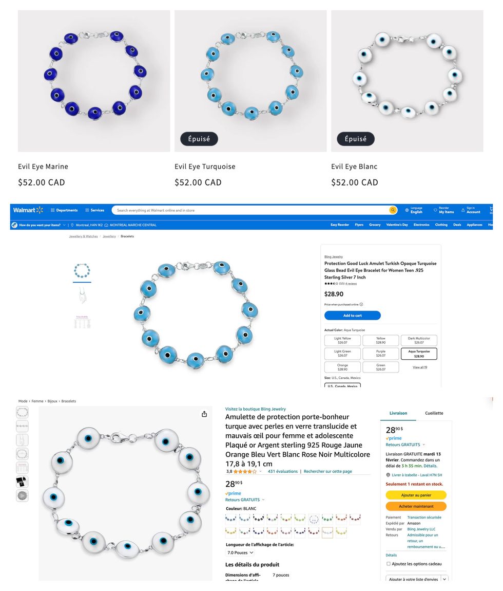 Capture d'\u00e9cran des bracelets \u00ab Evil eye \u00bb en vente sur le site de OPA. Bas : Capture d'\u00e9cran des bracelets en vente sur le site de Walmart et Amazon.